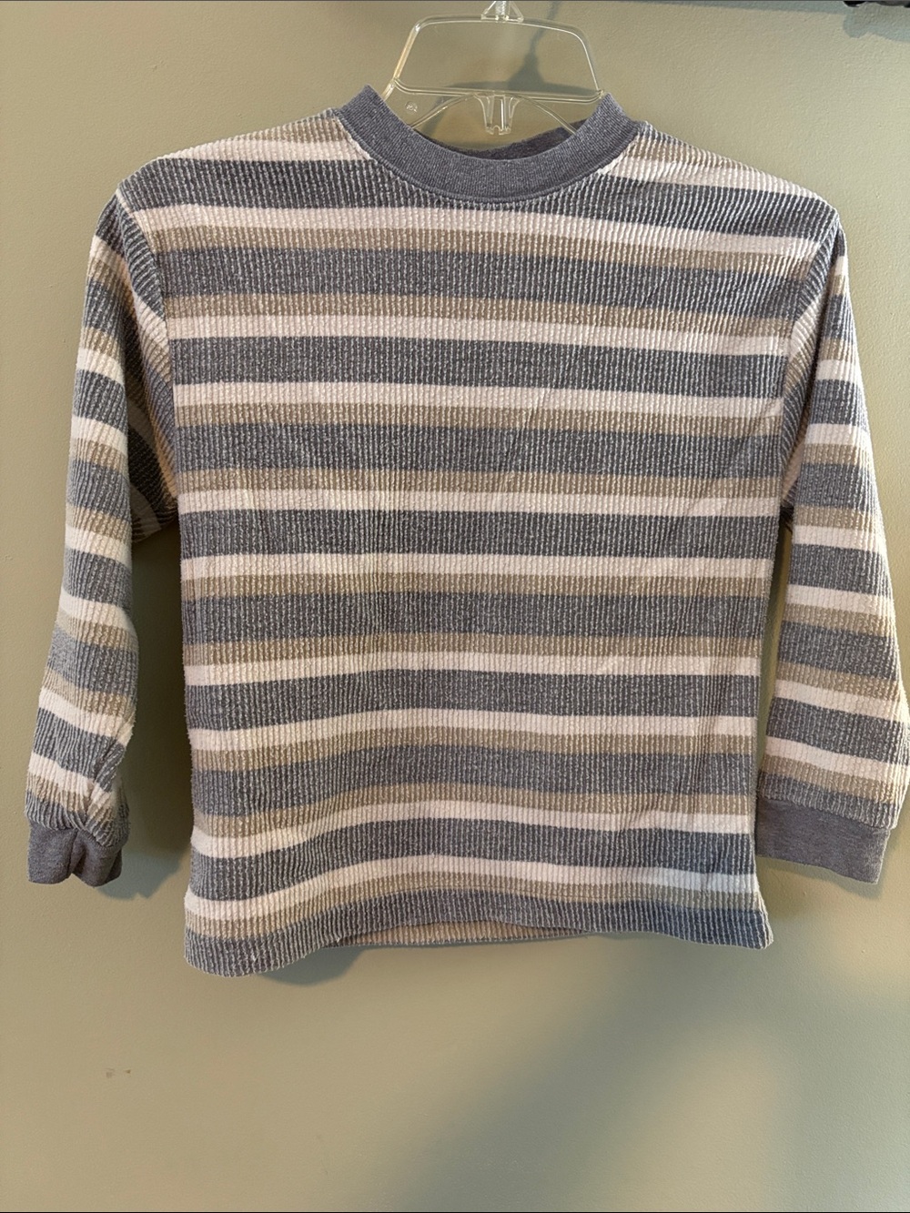 Kids Long Sleeve Crewneck Tee in Gray & Cream Stripes